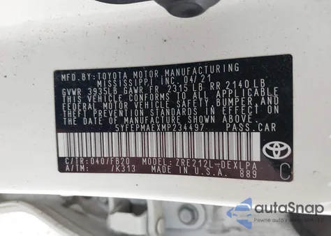 2021 Toyota Corolla Le из США, поврежденный, VIN 5YFEPMAEXMP234497